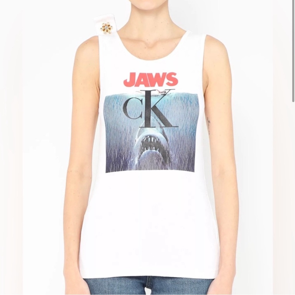 Calvin Klein Raf Simmons Spring 2019 White Tank Top with Jaws Logo